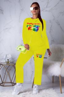 Yellow adult Active Fashion Casual Lips Print Print Two Piece Suits Solid pencil Long Sleeve Two