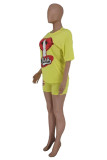 Yellow Fashion Casual Print Basic O Neck Short Sleeve Two Pieces