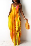 Yellow Sexy Casual Print Backless V Neck Sling Dress