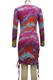 Colour Sexy Print Patchwork V Neck Pencil Skirt Dresses