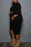Black Fashion Casual Solid Basic O Neck Plus Size Two Pieces