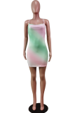 Red Sexy Patchwork Tie-dye Spaghetti Strap Pencil Skirt Dresses