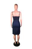 Navy Blue The cowboy Sexy Fashion Spaghetti Strap Sleeveless Slip Knee-Length Patchwork asymmetrical chain Cl