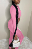 Pink Fashion Casual Adult Solid Patchwork O Neck Skinny Jumpsuits