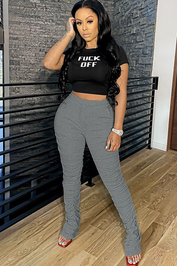 Grey Fashion Sexy adult Ma'am Letter Two Piece Suits pencil Short Sleeve Two Pieces