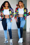 Green Turtleneck Camouflage Print Zippered Patchwork Spandex Print Long Sleeve Blazer & Suits &Jacket