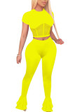 Fluorescent green Fashion Sexy adult Ma'am Patchwork Solid Two Piece Suits Straight Short Sleeve Two Pieces