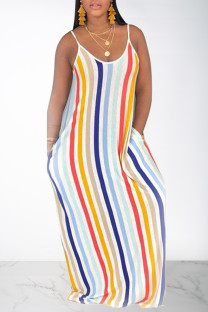 Rainbow color Casual Off The Shoulder Sleeveless Slip Swagger Floor-Length Print Patchwork