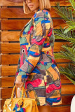 Rose Red Casual Print Graffiti Turndown Collar Outerwear