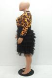 Camouflage O Neck Lips Print Patchwork Camouflage Mesh Leopard Zippered Patchwork Long Sleeve 