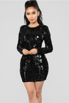 Black Celebrities Cap Sleeve Long Sleeves O neck Step Skirt skirt Solid Long Sleeve Dresses