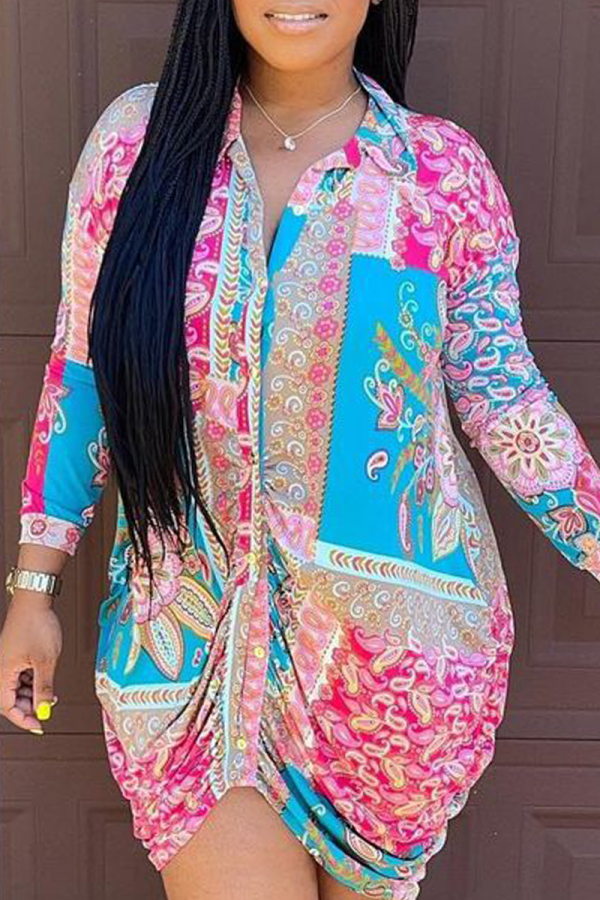 Colour Casual Print Patchwork Turndown Collar Irregular Dress Dresses