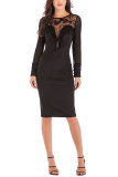 Black Fashion Long Sleeves O neck Slim Dress Knee-Length Patchwork Long Sleeve Dresses