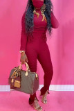 Wine Red Sexy Casual Blends Solid Draw String Slit Fold Half A Turtleneck Long Sleeve Regular Sleeve Short Two Pieces