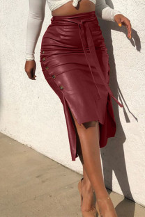 Burgundy Brown PU Drawstring Sleeveless High Patchwork Solid bandage Split A-line skirt Capris Bottoms