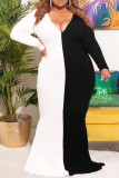 Black Casual Patchwork Print Patchwork V Neck Trumpet Mermaid Plus Size Dresses