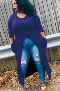 Dark Blue O Neck Long Sleeve Solid asymmetrical Long Sleeve Tops