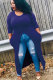 Dark Blue O Neck Long Sleeve Solid asymmetrical Long Sleeve Tops