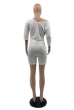 White Fashion Casual Solid Basic V Neck Half Sleeve Two Pieces