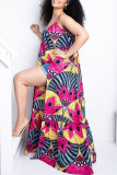 Red Sexy Print Patchwork High Opening Spaghetti Strap Sling Dress Plus Size Dresses