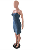Deep Blue Fashion Sexy Solid Backless Spaghetti Strap Denim Dress