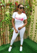 White Print Mid Waist Two-piece suit