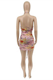 Pink Fashion Sexy Print Hollowed Out Backless Halter Sleeveless Dress