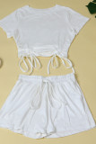 Rose Red Fashion Casual Solid Bandage O Neck Short Sleeve Two Pieces