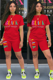 Red Fashion Casual adult Letter Patchwork Print Two Piece Suits pencil Short Sleeve Two Pieces