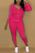 rose red Fashion Casual Patchwork Patchwork Hooded Collar Long Sleeve Two Pieces