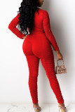 Red Fashion Sexy Adult Solid Fold O Neck Long Sleeve Regular Sleeve Short Two Pieces