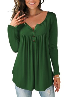 Green Regular O-Neck Full Button Solid Regular Tees & T-shirts