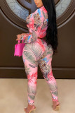 Pink Fashion British Style Adult Print Patchwork Turndown Collar Long Sleeve Regular Sleeve Regular Two Pieces