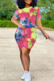 Fluorescent Green Casual Print Tie Dye Patchwork O Neck Short Sleeve Two Pieces
