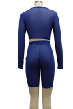 Blue Casual Solid Patchwork Half A Turtleneck Long Sleeve Two Pieces