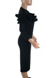 Black Casual Solid Patchwork O Neck Wrapped Skirt Dresses