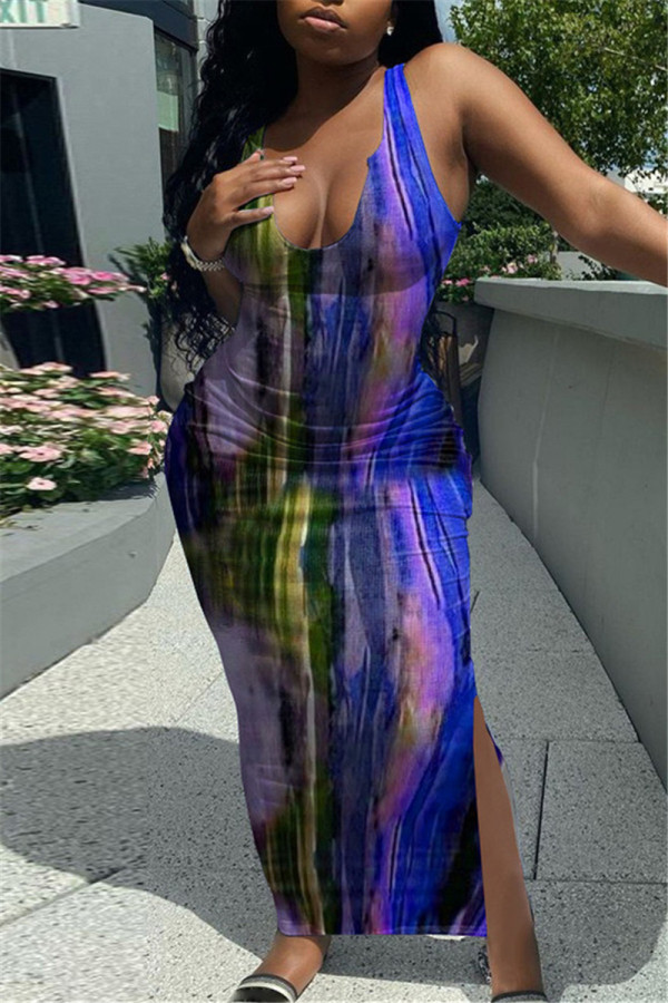 Deep Blue Fashion Sexy Print Tie Dye Slit U Neck Vest Dress