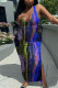 Deep Blue Fashion Sexy Print Tie Dye Slit U Neck Vest Dress