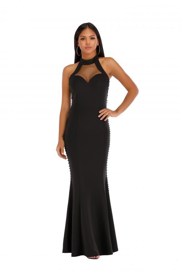 Black Fashion adult Sexy Off The Shoulder Sleeveless O neck A-Line Ankle-Length Solid Patchwork
