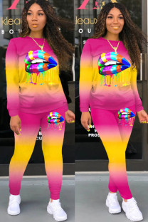 rose red Sexy Casual Print Gradient Lips Print pencil Long Sleeve Two Pieces