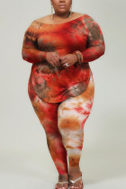 tangerine Fashion Casual adult Ma'am O Neck Tie Dye Two Piece Suits Stitching Plus Size