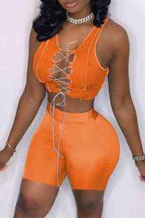 Orange Sexy Casual Solid Bandage Hollowed Out V Neck Sleeveless Two Pieces