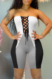 Blue Sexy Casual Patchwork Backless Strap Design Strapless Skinny Romper