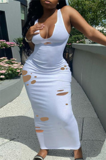 White Fashion Sexy Solid Ripped Hollowed Out V Neck Vest Dress