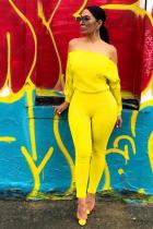 Yellow Casual zipper Solid Long Sleeve one word collar Jumpsuits