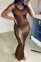 Brownness Fashion Sexy Solid Backless O Neck Sling Dress