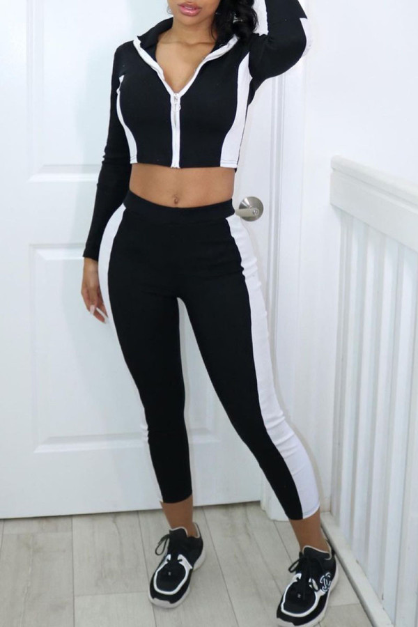 Black Casual Solid Patchwork O Neck Long Sleeve Two Pieces
