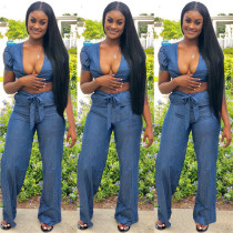 Blue Drawstring Mid Patchwork Loose Pants Two-piece suit OD63193