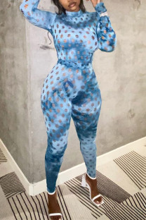 Blue Fashion Casual Print Ripped Turtleneck Long Sleeve Two Pieces