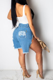 Blue Denim Button Fly Sleeveless High Asymmetrical Patchwork Solid Straight shorts Shorts